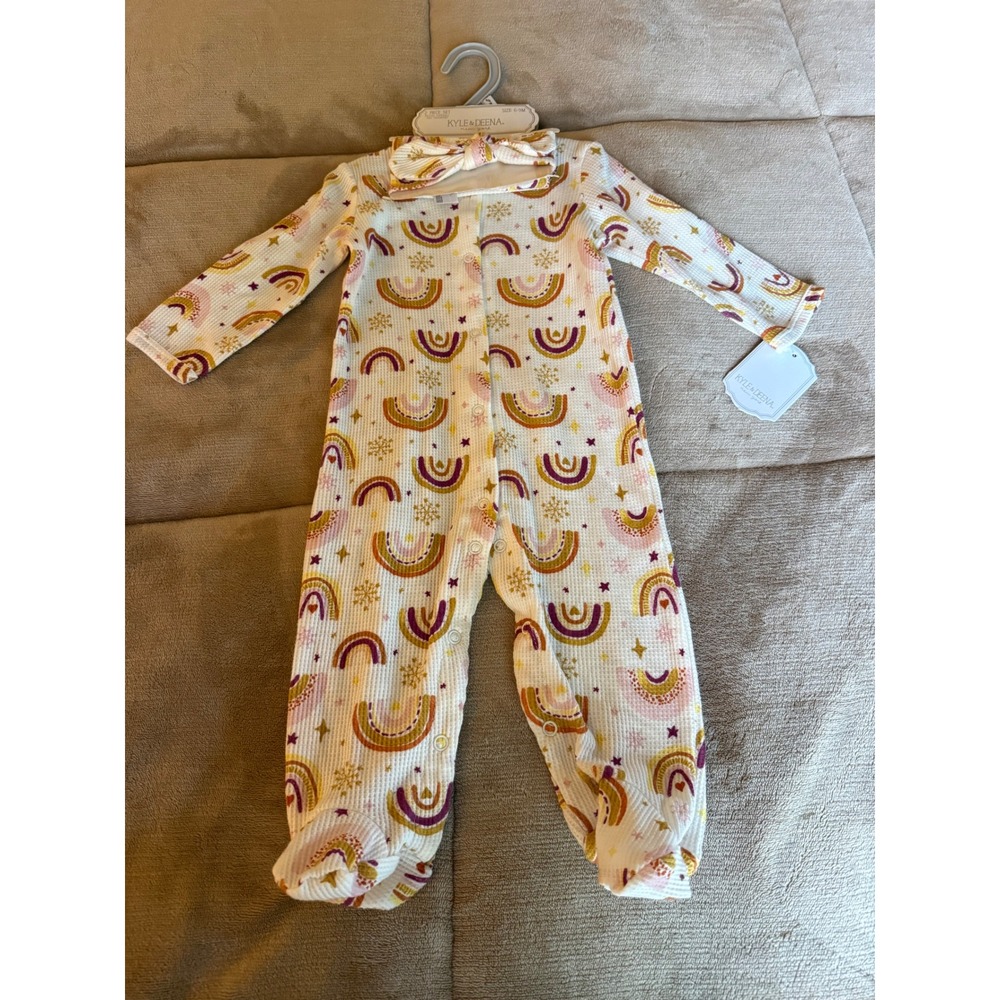 Kyle & Deena Baby Girls Rainbow Waffle Knit Footed Coverall Headband Set 6-9M